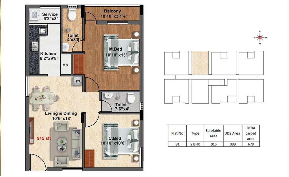 Floor plan of 2 BHK 915 Sq. Ft. Apartment in Aaalam Viraam, Chennai