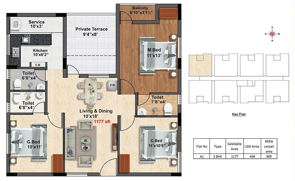 Floor plan of 3 BHK 1177 Sq. Ft. Apartment in Aaalam Viraam, Chennai