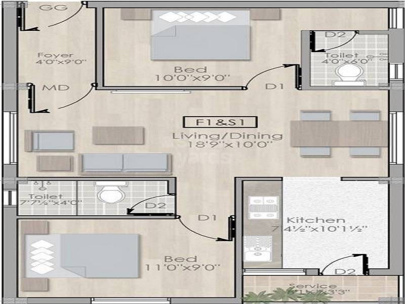 Floor plan of 2 BHK 513 Sq. Ft. Apartment in Aadhiti Nest, Chennai