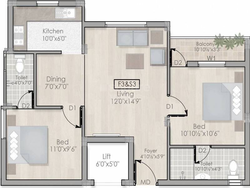 Floor plan of 2 BHK 638 Sq. Ft. Apartment in Aadhiti Nest, Chennai