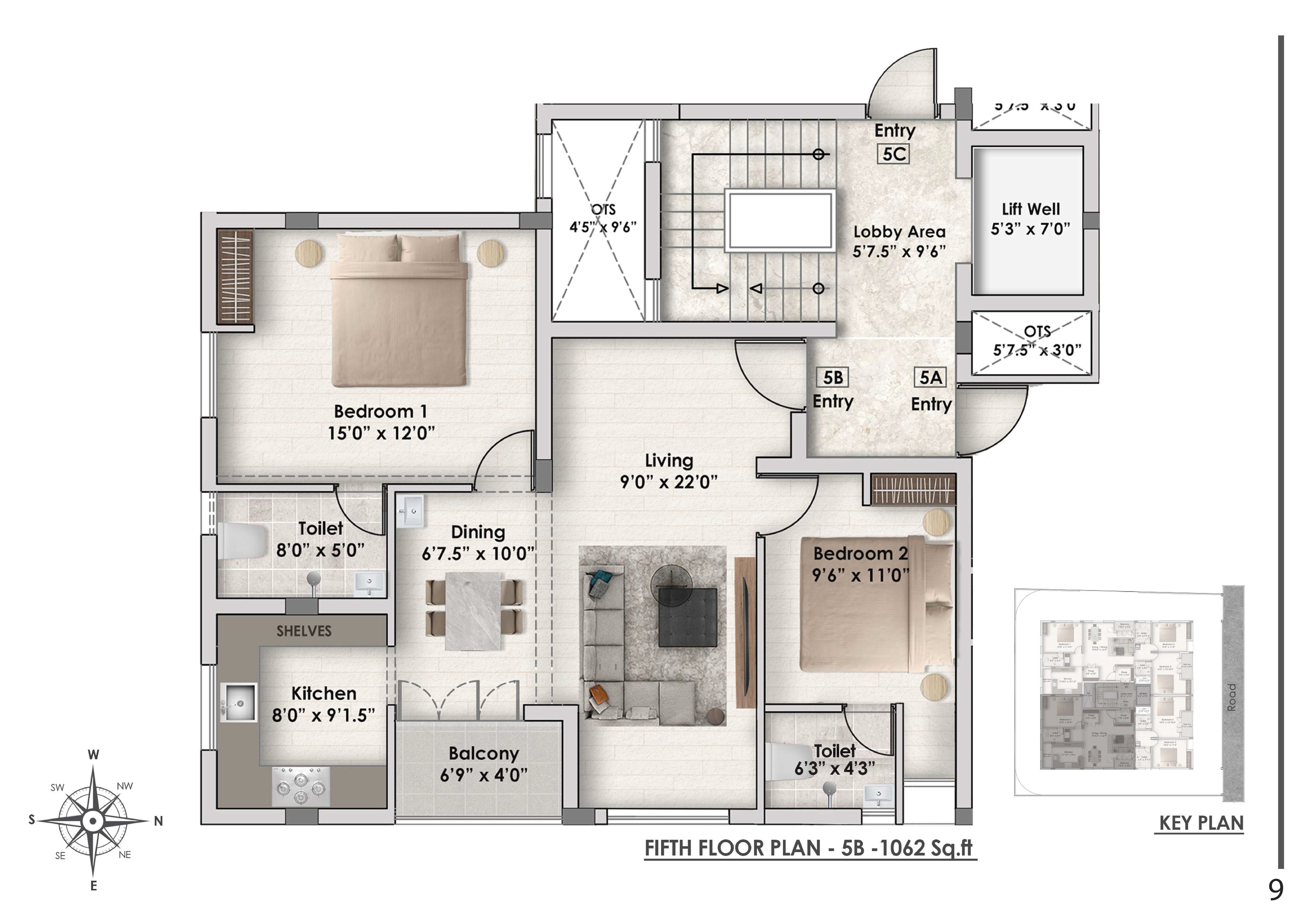 Floor plan of 2 BHK 1062 Sq. Ft. Apartment in Aanirudh Ram Anjaneya, Chennai