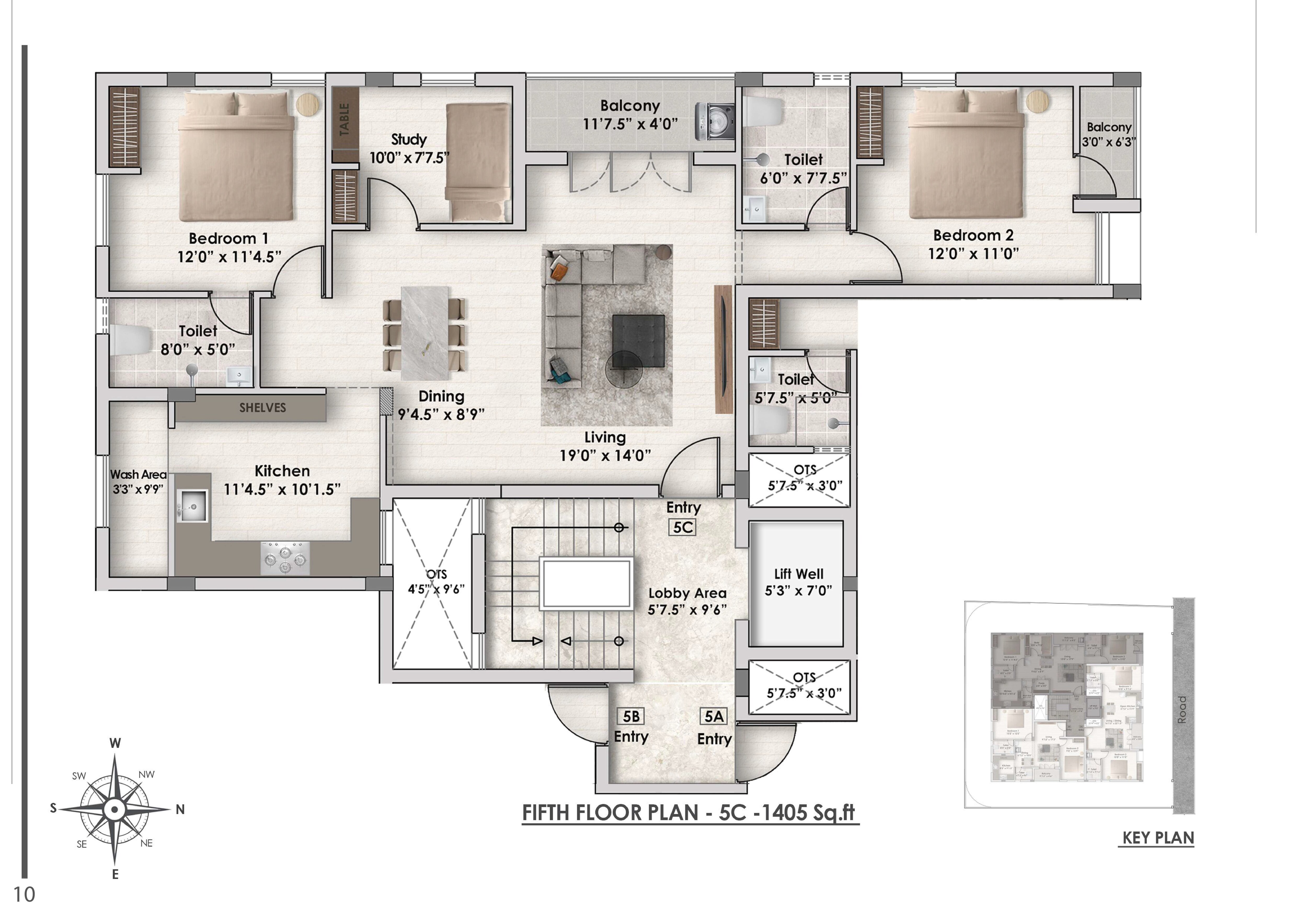 Floor plan of 2 BHK 1405 Sq. Ft. Apartment in Aanirudh Ram Anjaneya, Chennai