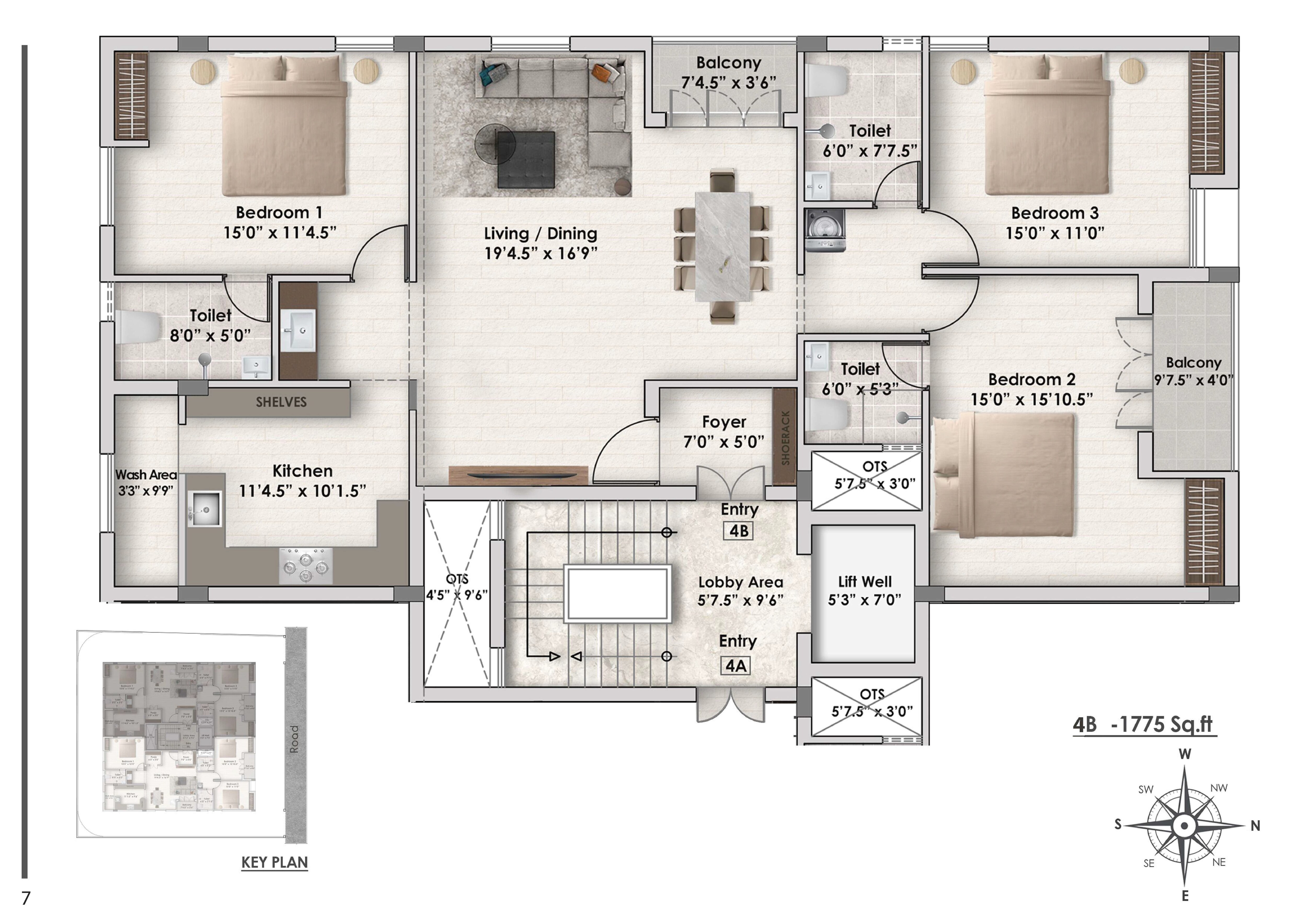 Floor plan of 3 BHK 1775 Sq. Ft. Apartment in Aanirudh Ram Anjaneya, Chennai