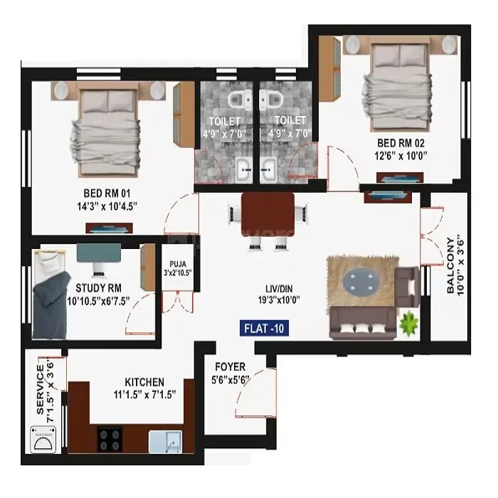 Floor plan of 3 BHK 1109 Sq. Ft. Apartment in Aanirudh Sriranga Paduka, Chennai
