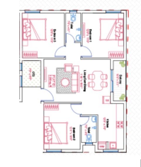 Floor plan of 3 BHK 1200 Sq. Ft. Apartment in Aanirudh Vasantham, Chennai