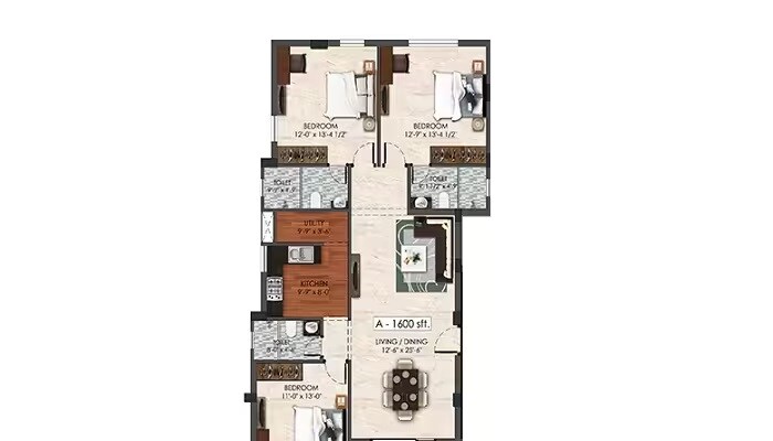 Floor plan of 3 BHK 1600 Sq. Ft. Apartment in AARA Venus Signature, Chennai