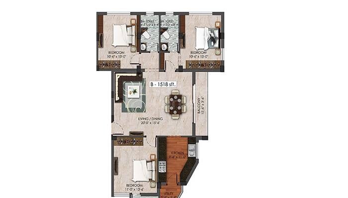 Floor plan of 3 BHK 1518 Sq. Ft. Apartment in AARA Venus Signature, Chennai