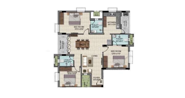 Floor plan of 3 BHK 1002 Sq. Ft. Apartment in Aarti Sri Ranga, Chennai