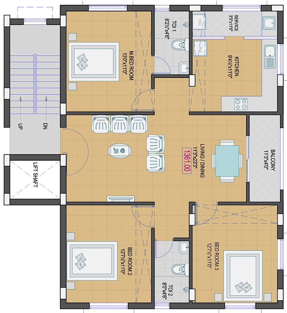 3 BHK 1361 Sq. Ft. Apartment