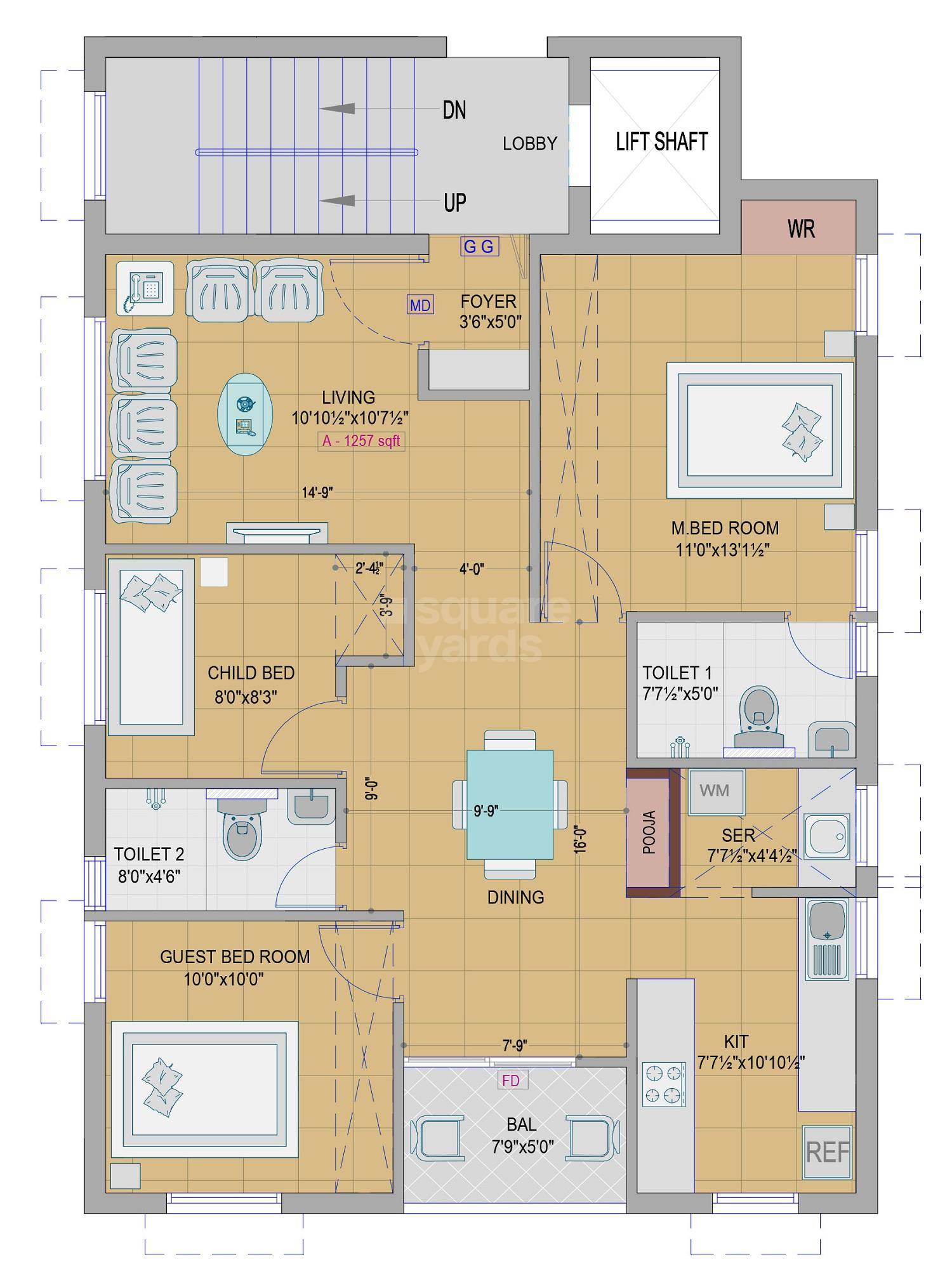 Floor plan of 3 BHK 833 Sq. Ft. Apartment in Aavaasa Kowsthubam, Chennai