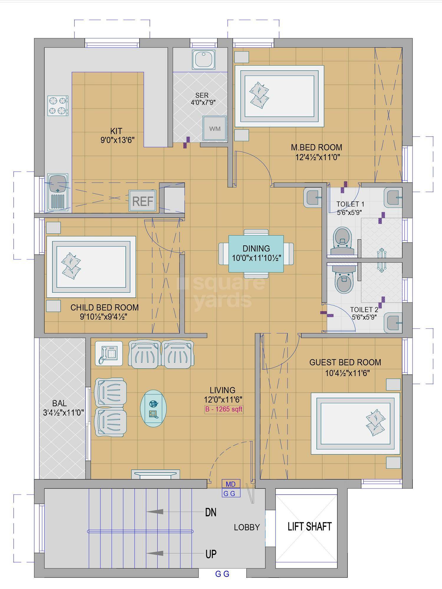 Floor plan of 3 BHK 843 Sq. Ft. Apartment in Aavaasa Kowsthubam, Chennai
