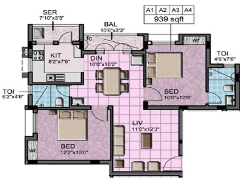 Floor plan of 2 BHK 939 Sq. Ft. Apartment in Acchyuthans Shivam, Chennai