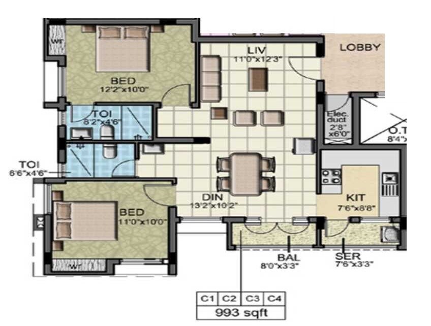 Floor plan of 2 BHK 993 Sq. Ft. Apartment in Acchyuthans Shivam, Chennai