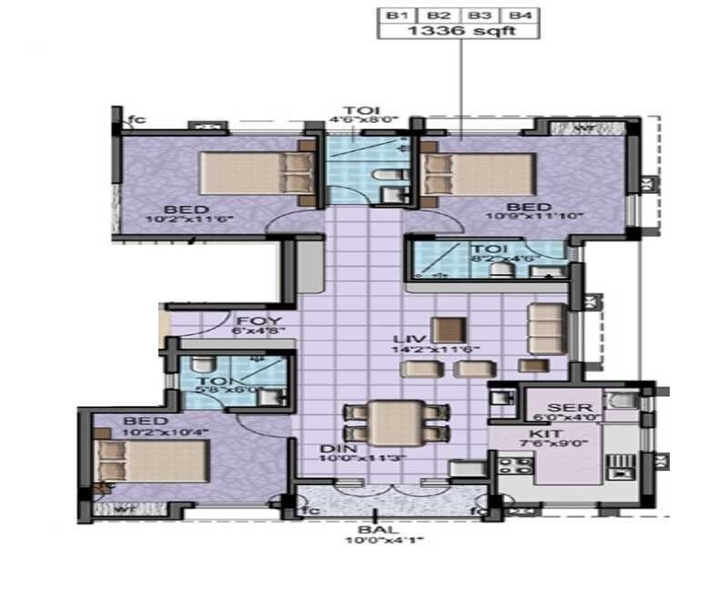 Floor plan of 3 BHK 1336 Sq. Ft. Apartment in Acchyuthans Shivam, Chennai