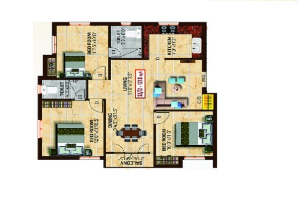 Floor plan of 3 BHK 1213 Sq. Ft. Apartment in Magishaa Achyuta Ortus, Chennai