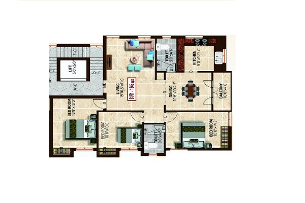 Floor plan of 3 BHK 1345 Sq. Ft. Apartment in Magishaa Achyuta Ortus, Chennai