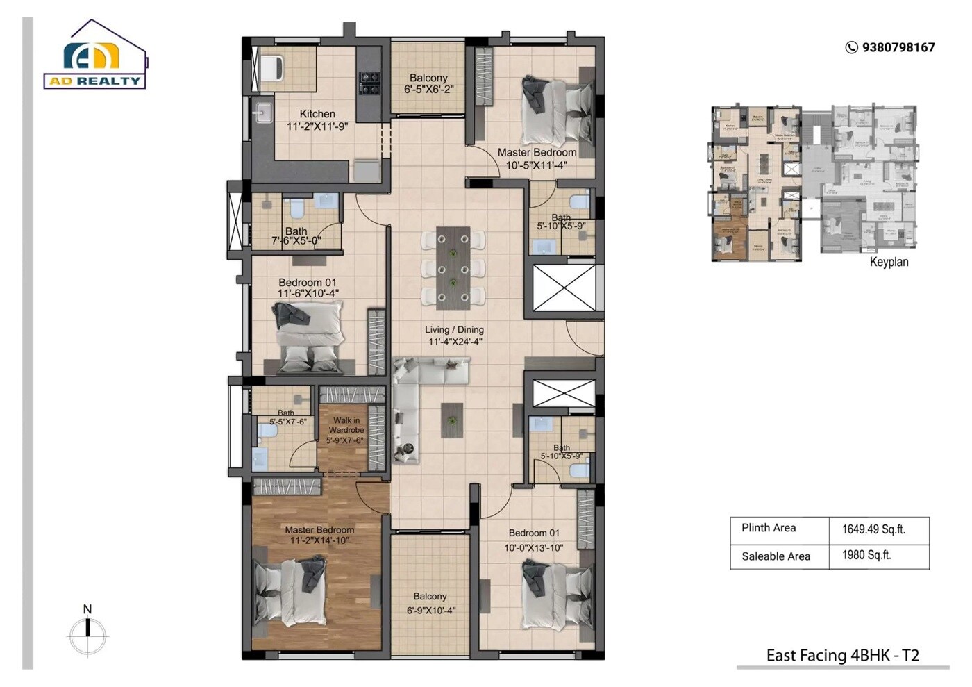 Floor plan of 4 BHK 1980 Sq. Ft. Apartment in AD ECR Exotica, Chennai