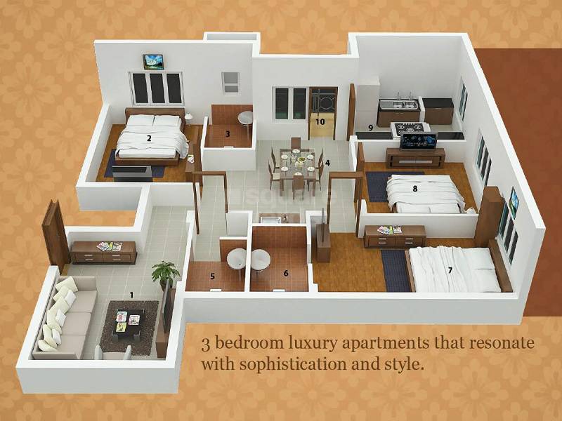Floor plan of 3 BHK 1515 Sq. Ft. Apartment in Adinath Aashirwad, Chennai