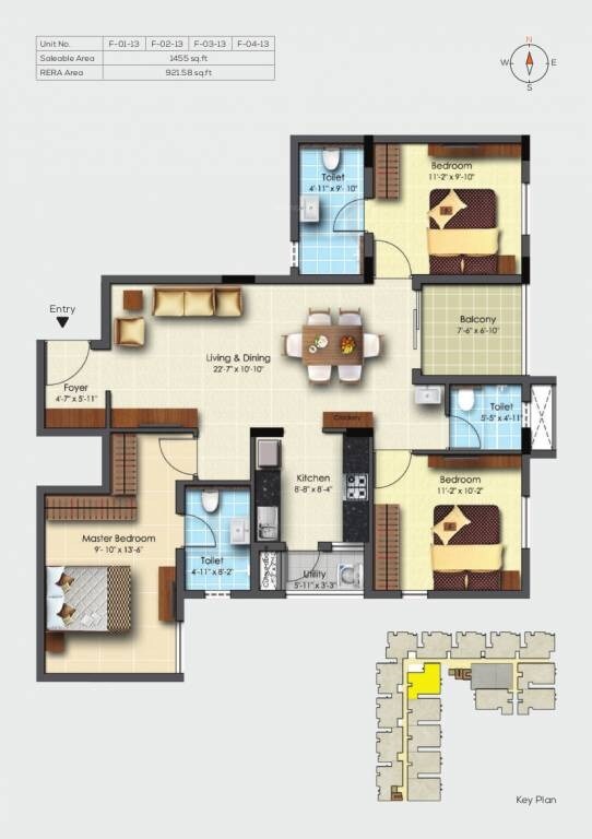 Floor plan of 3 BHK 1455 Sq. Ft. Apartment in Adroit Fortune, Chennai