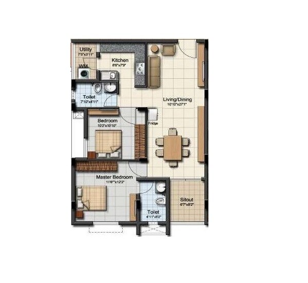 Floor plan of 2 BHK 1211 Sq. Ft. Apartment in Adroit House Of Ambal, Chennai