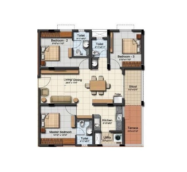 Floor plan of 3 BHK 1656 Sq. Ft. Apartment in Adroit House Of Ambal, Chennai