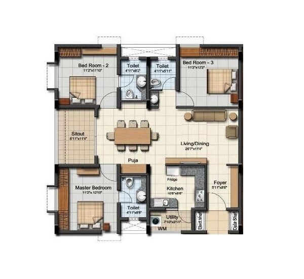 Floor plan of 3 BHK 2483 Sq. Ft. Apartment in Adroit House Of Ambal, Chennai