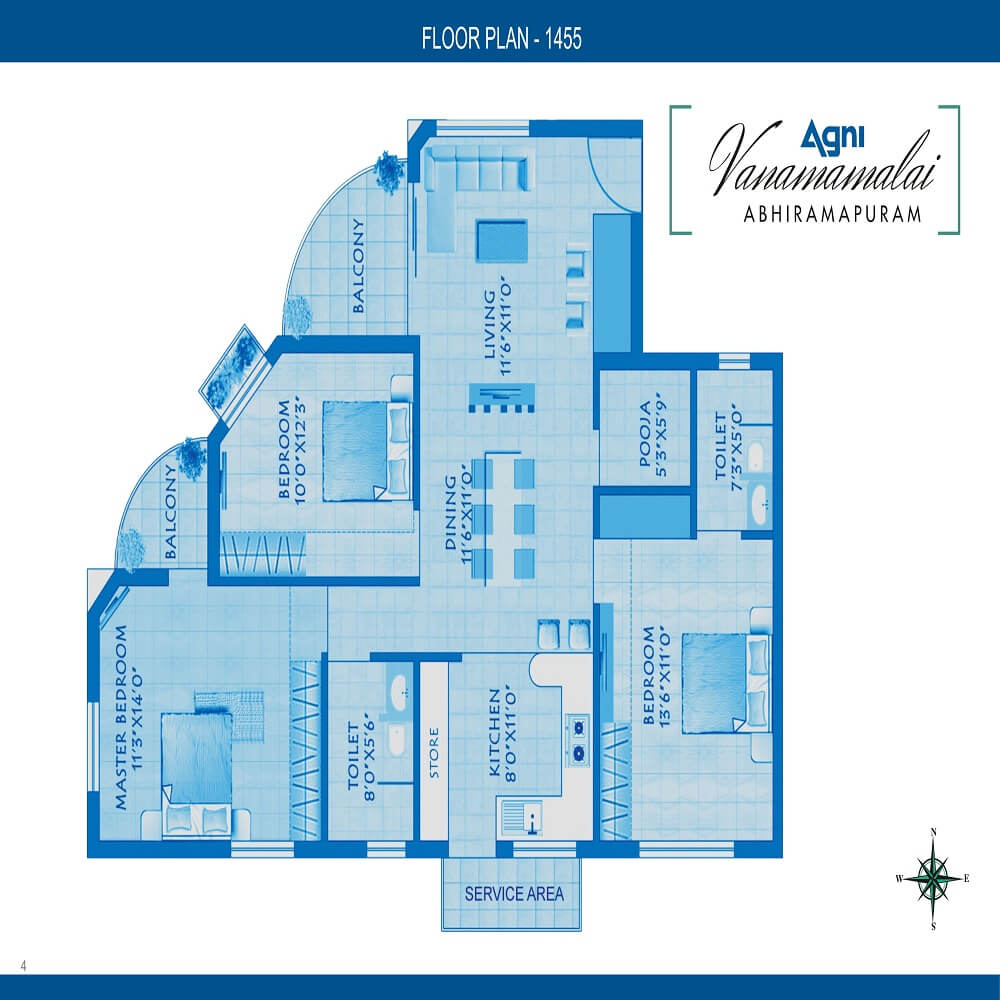 Floor plan of 3 BHK 1455 Sq. Ft. Apartment in Agni Vanamamalai, Chennai