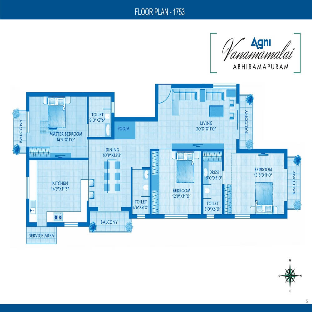 Floor plan of 3 BHK 1753 Sq. Ft. Apartment in Agni Vanamamalai, Chennai