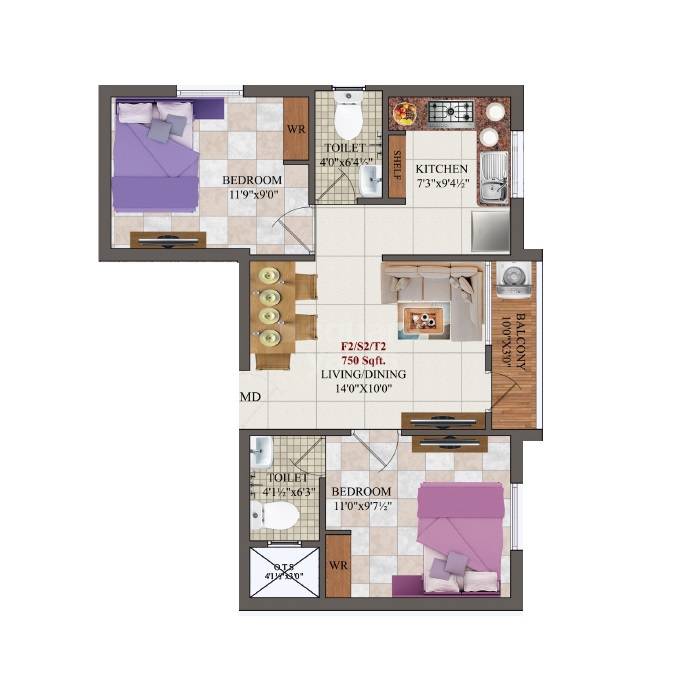 Floor plan of 2 BHK 750 Sq. Ft. Apartment in AK Aquamarine, Chennai