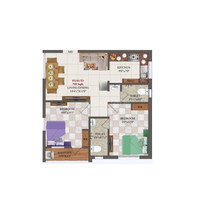 Floor plan of 2 BHK 795 Sq. Ft. Apartment in AK Aquamarine, Chennai