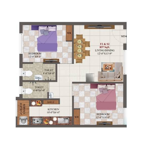 Floor plan of 2 BHK 837 Sq. Ft. Apartment in AK Chrysolite, Chennai