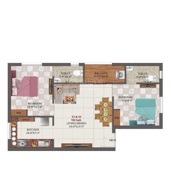 Floor plan of 2 BHK 928 Sq. Ft. Apartment in AK Chrysolite, Chennai