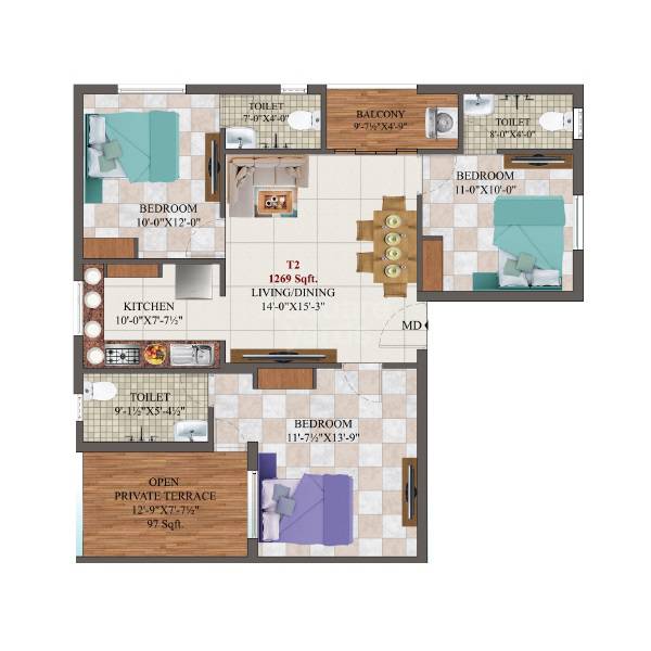 Floor plan of 3 BHK 1269 Sq. Ft. Apartment in AK Chrysolite, Chennai