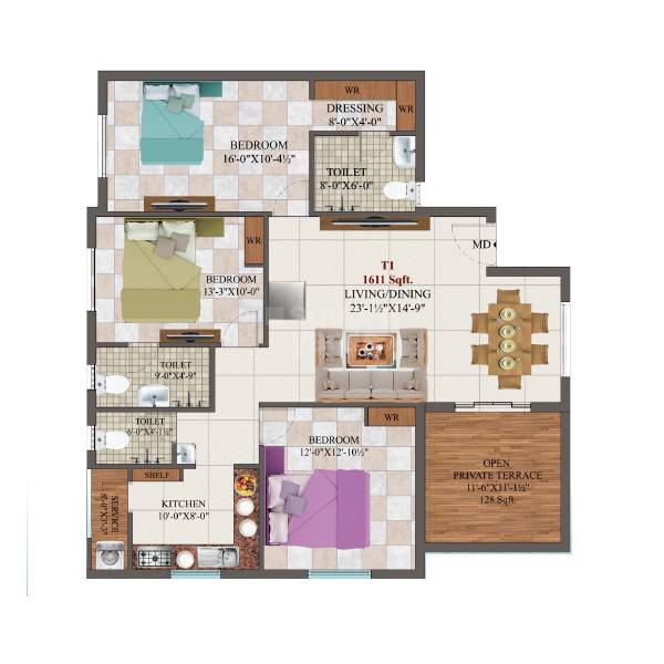 Floor plan of 3 BHK 1611 Sq. Ft. Apartment in AK Chrysolite, Chennai