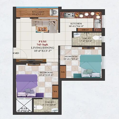 Floor plan of 2 BHK 743 Sq. Ft. Apartment in AK Magnesite Microlite, Chennai
