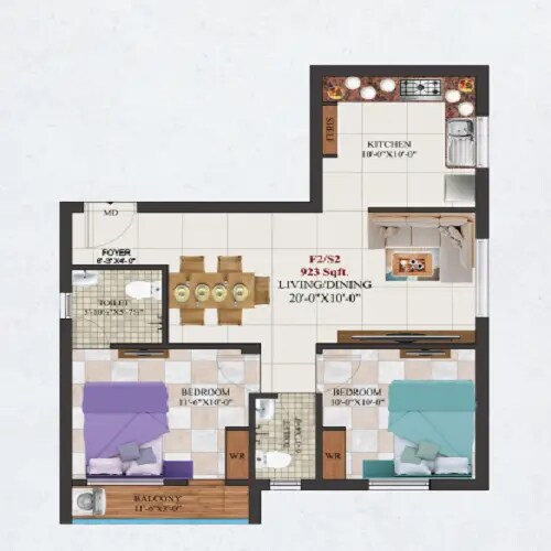 Floor plan of 2 BHK 923 Sq. Ft. Apartment in AK Magnesite Microlite, Chennai