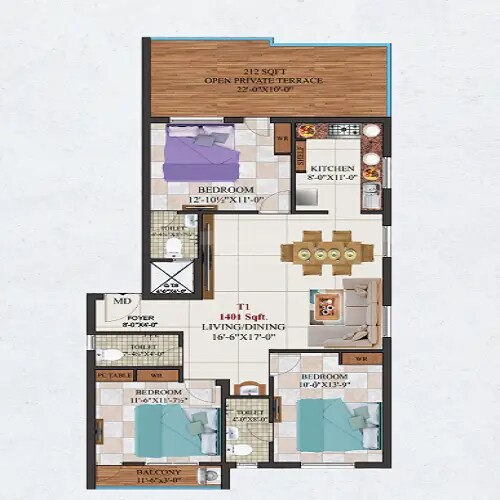Floor plan of 3 BHK 1401 Sq. Ft. Apartment in AK Magnesite Microlite, Chennai