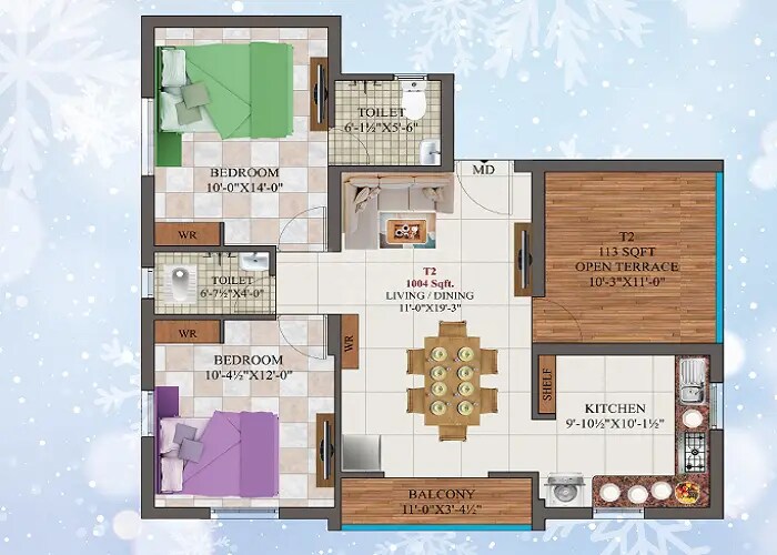 Floor plan of 2 BHK 1004 Sq. Ft. Apartment in AK Prasiolite Petalite, Chennai
