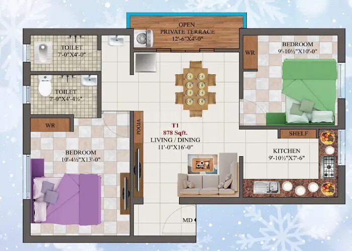 Floor plan of 2 BHK 878 Sq. Ft. Apartment in AK Prasiolite Petalite, Chennai