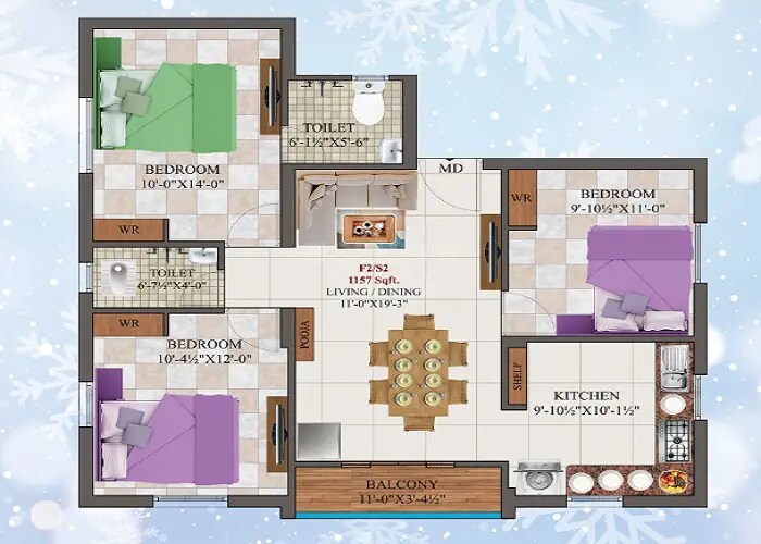 Floor plan of 3 BHK 1157 Sq. Ft. Apartment in AK Prasiolite Petalite, Chennai