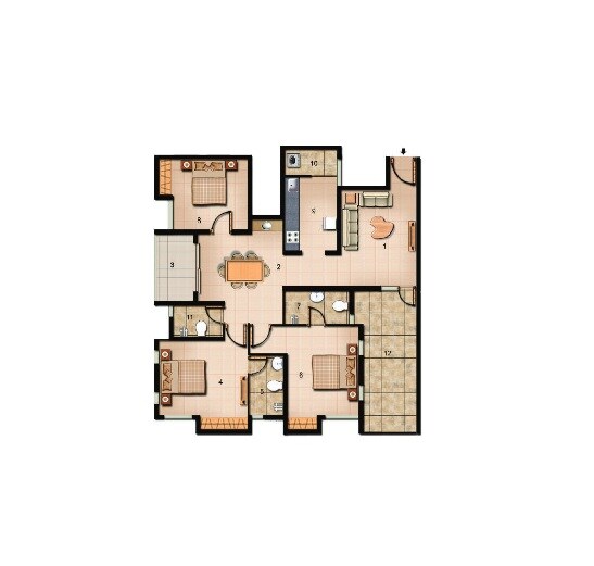 Floor plan of 3 BHK 1407 Sq. Ft. Apartment in Akila Heights, Chennai