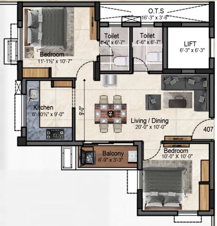 Floor plan of 2 BHK 1058 Sq. Ft. Apartment in Akilandeswari Apartments, Chennai