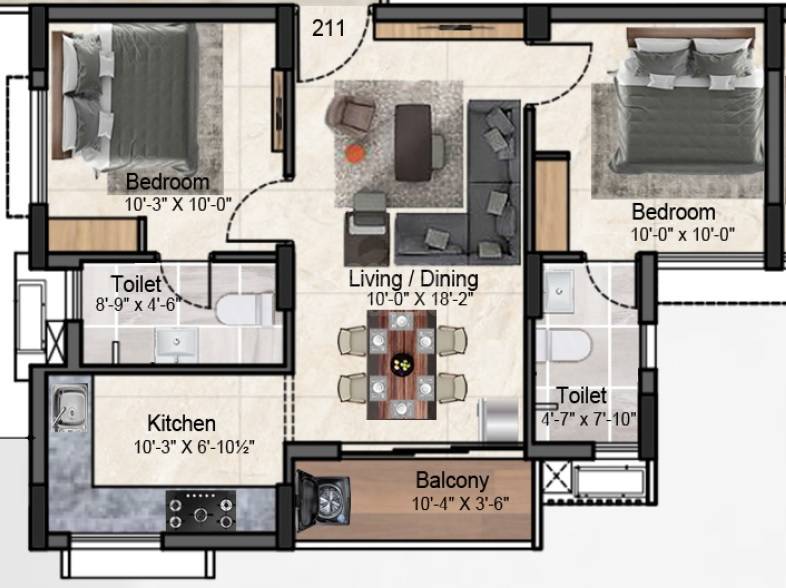 2 BHK 815 Sq. Ft. Apartment