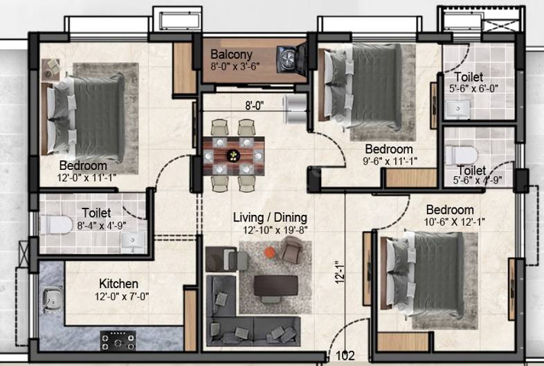 Floor plan of 3 BHK 1141 Sq. Ft. Apartment in Akilandeswari Apartments, Chennai