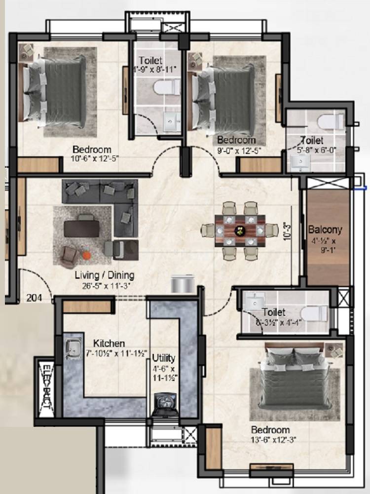 Floor plan of 3 BHK 1405 Sq. Ft. Apartment in Akilandeswari Apartments, Chennai