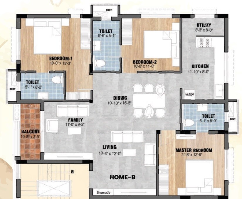 Floor plan of 3 BHK 1459 Sq. Ft. Apartment in Akshaya Avanthika, Chennai