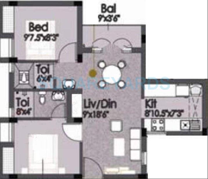 Floor plan of 2 BHK 1100 Sq. Ft. Apartment in Akshaya Homes Adena, Chennai