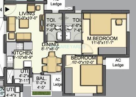 Floor plan of 2 BHK 834 Sq. Ft. Apartment in Akshaya Homes January, Chennai