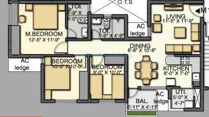 Floor plan of 3 BHK 1140 Sq. Ft. Apartment in Akshaya Homes January, Chennai