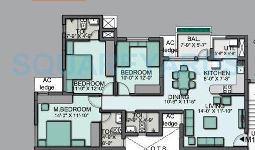 Floor plan of 3 BHK 1412 Sq. Ft. Apartment in Akshaya Homes January, Chennai